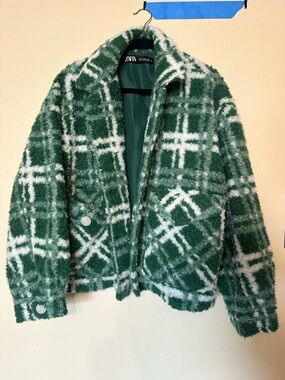 ZARA Green & White Plaid Teddy Jacket